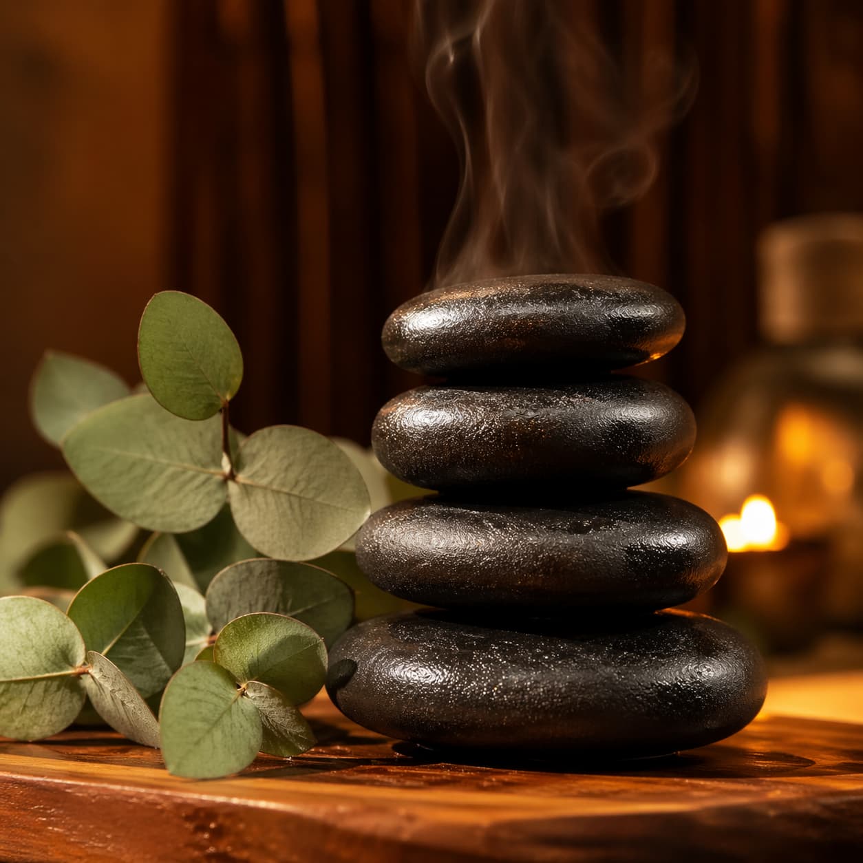Smooth basalt stones stacked on a warm wooden surface with eucalyptus leaves